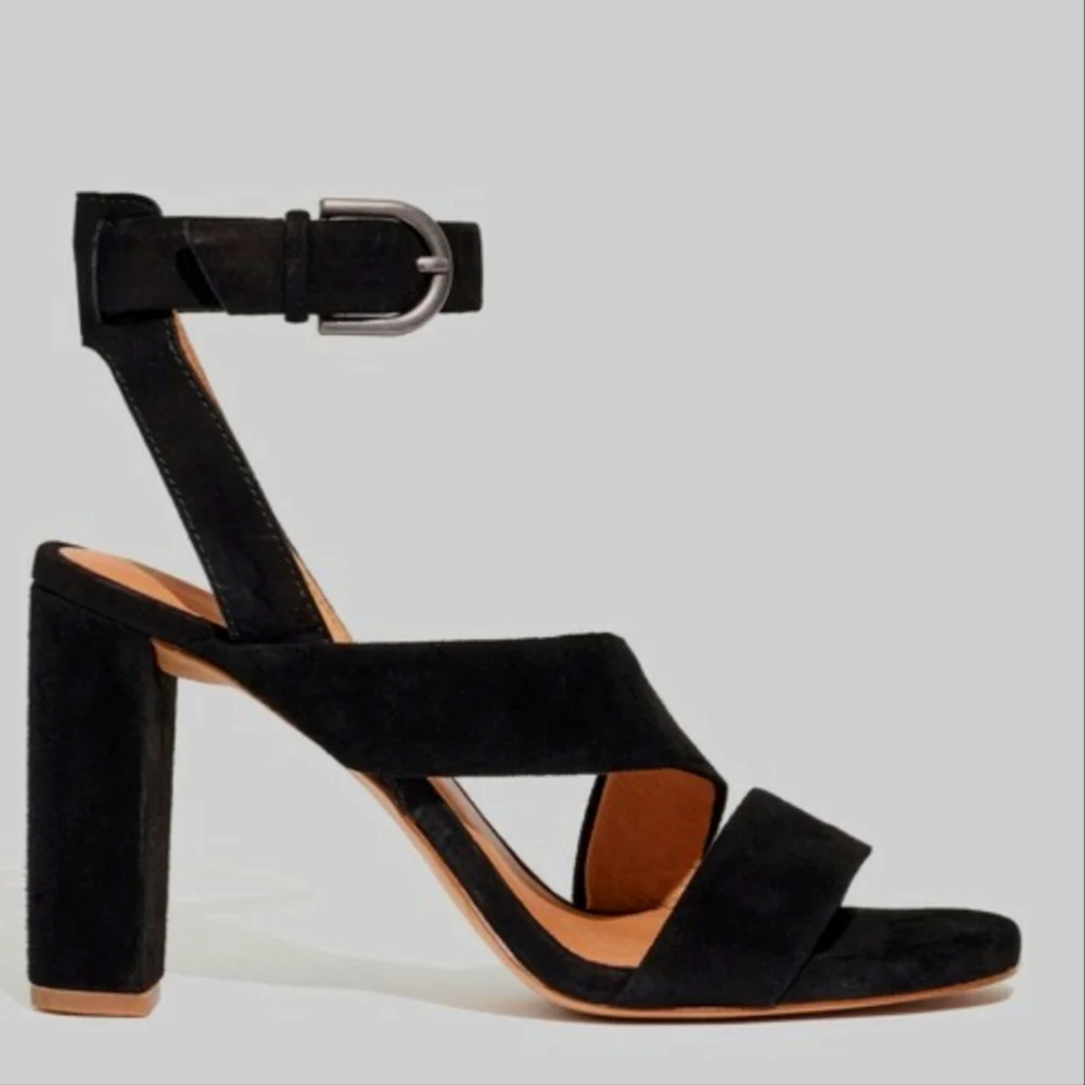 Madewell The Liv Suede  Black Strappy Block Heel Sandals‎ 7